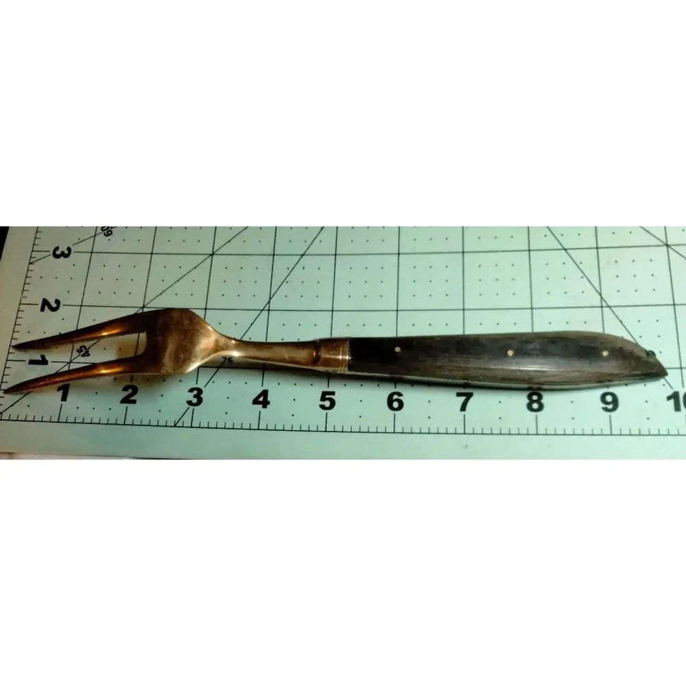 Two Pronged Meat Fork Server Brass Dark Wood Handle Vintage Mid Century Modern